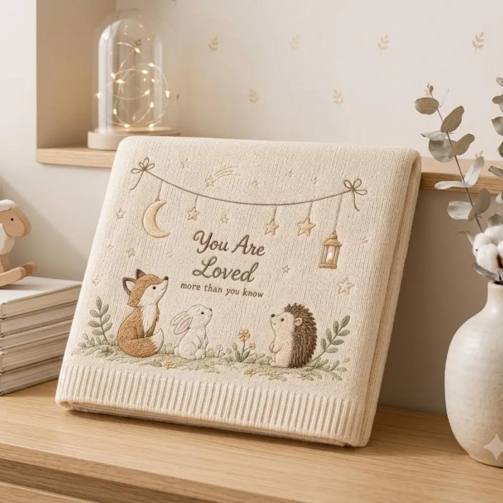 You Are Loved Baby Blanket, Woodland Animal Embroidered Knit Throw, Fox Bunny Hedgehog Nursery Decor, Gender Neutral Newborn Gift YB1603 - Media 3