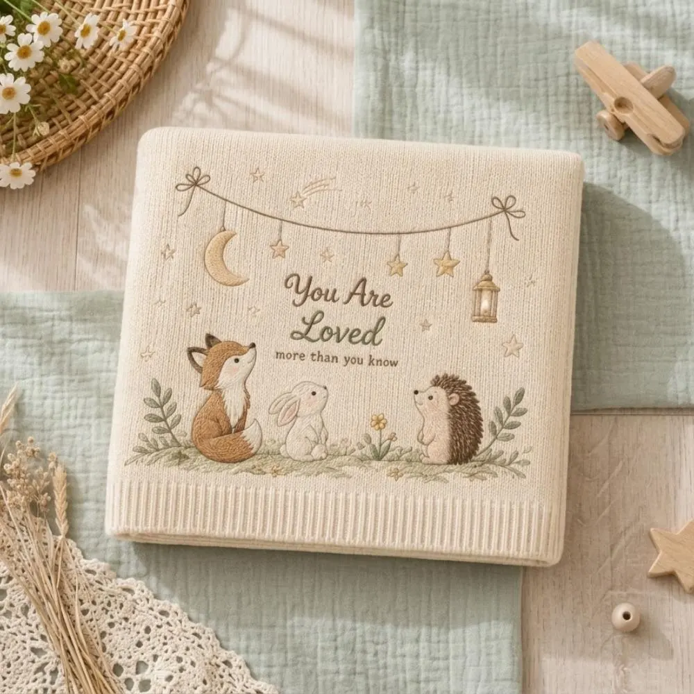 You Are Loved Baby Blanket, Woodland Animal Embroidered Knit Throw, Fox Bunny Hedgehog Nursery Decor, Gender Neutral Newborn Gift YB1603 - Media 4