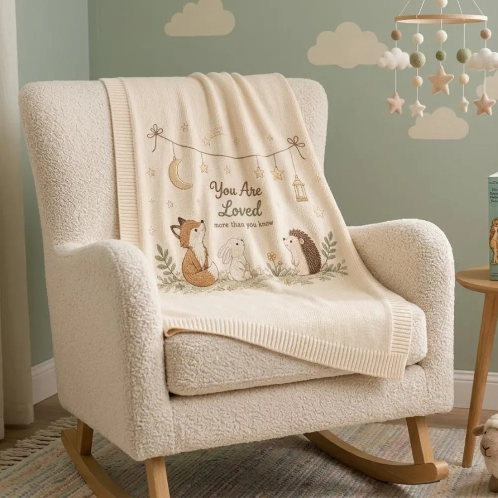 You Are Loved Baby Blanket, Woodland Animal Embroidered Knit Throw, Fox Bunny Hedgehog Nursery Decor, Gender Neutral Newborn Gift YB1603 - Media 5