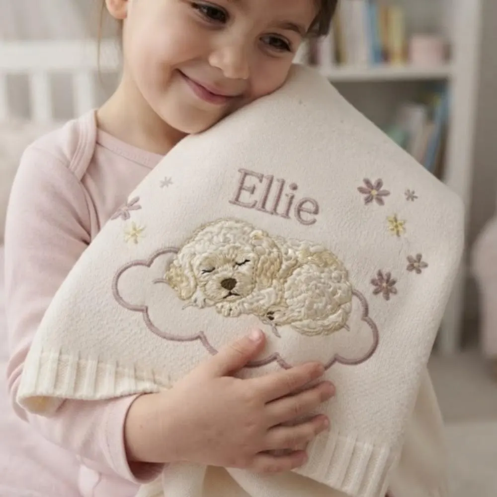 Personalized Baby Blanket with Name, Custom Embroidered Puppy Blanket, Soft Knit Newborn Gift, Goldendoodle Dog Theme Nursery Decor YB1603