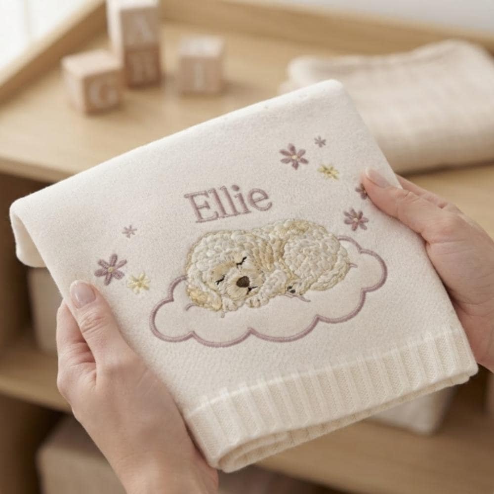 Personalized Baby Blanket with Name, Custom Embroidered Puppy Blanket, Soft Knit Newborn Gift, Goldendoodle Dog Theme Nursery Decor YB1603 - Media 3