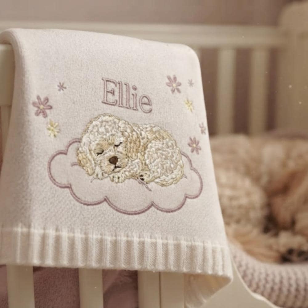 Personalized Baby Blanket with Name, Custom Embroidered Puppy Blanket, Soft Knit Newborn Gift, Goldendoodle Dog Theme Nursery Decor YB1603 - Media 4
