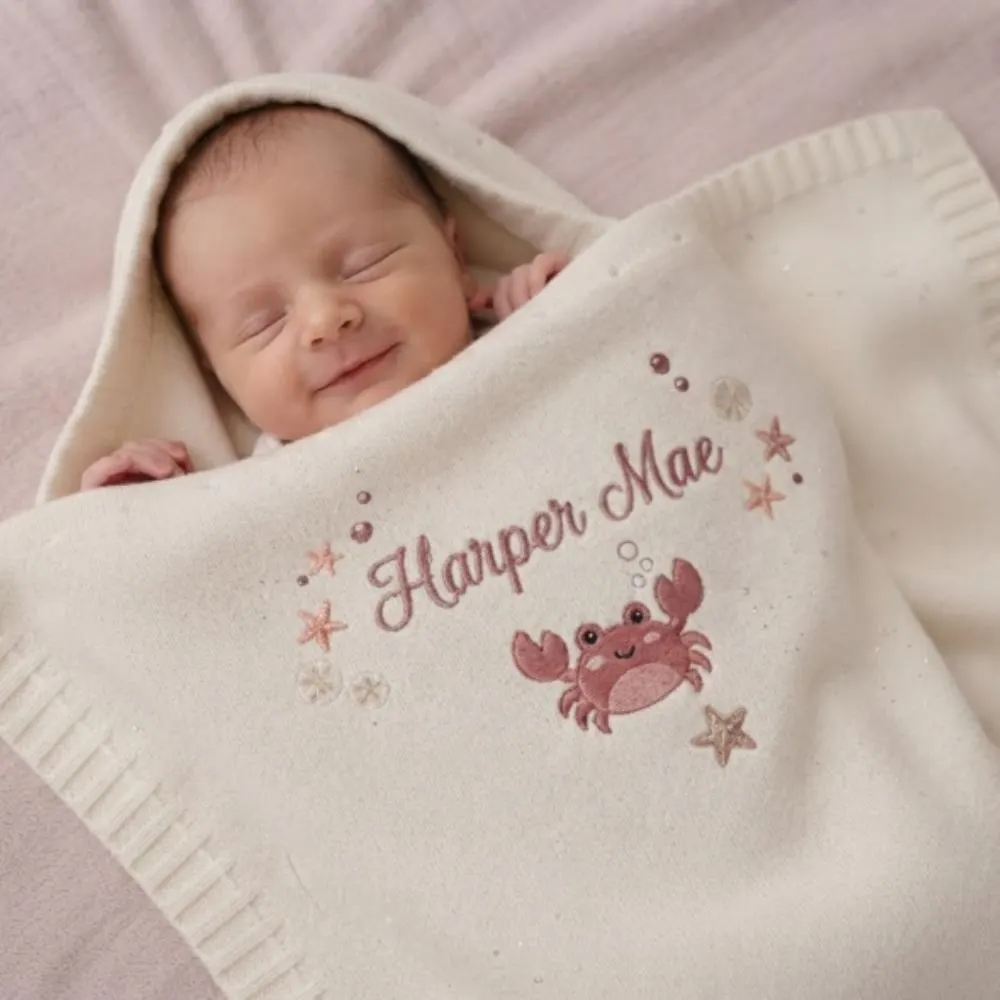 Personalized Baby Blanket, Custom Embroidered Name, Crab Theme Nursery, Nautical Baby Gift, Soft Knit Newborn Blanket  YB1603