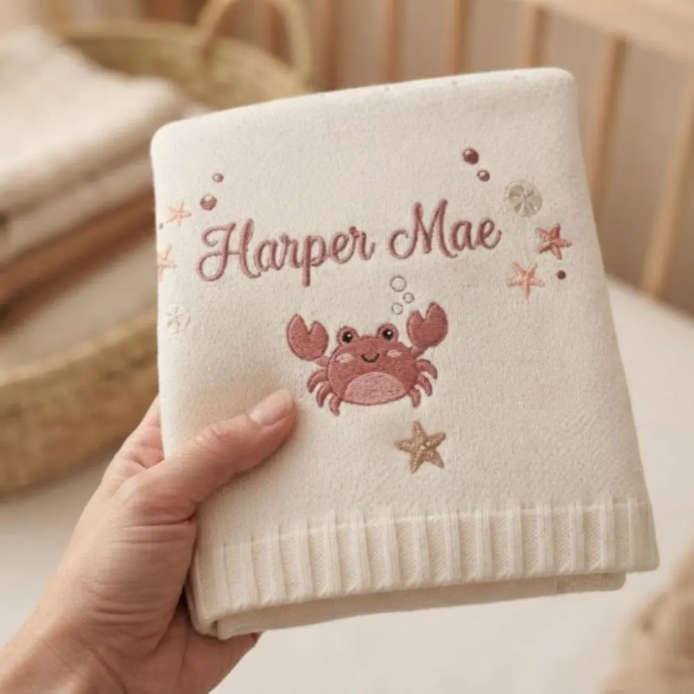 Personalized Baby Blanket, Custom Embroidered Name, Crab Theme Nursery, Nautical Baby Gift, Soft Knit Newborn Blanket  YB1603 - Media 4