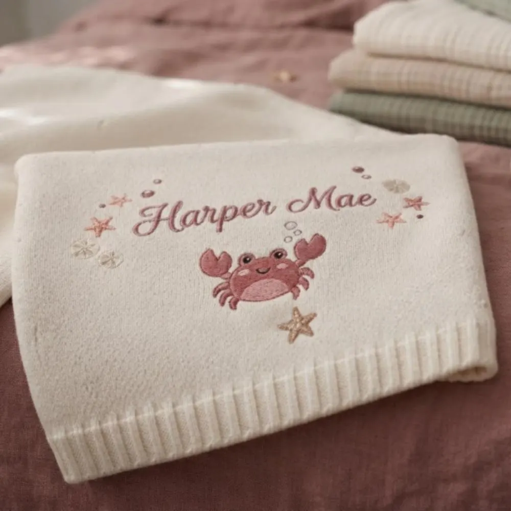 Personalized Baby Blanket, Custom Embroidered Name, Crab Theme Nursery, Nautical Baby Gift, Soft Knit Newborn Blanket  YB1603 - Media 5
