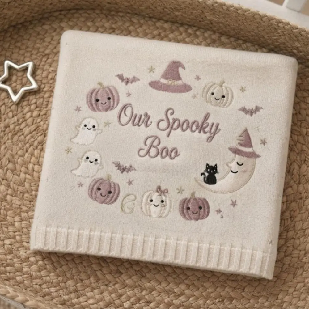 Personalized Halloween Baby Blanket, Custom Embroidered "Our Spooky Boo" Name Gift, Spooky Cute Ghost and Mauve Pumpkin Decor YB1603