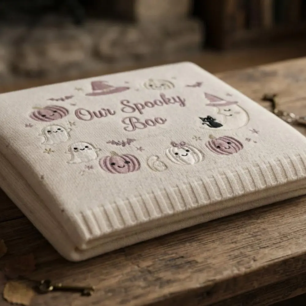 Personalized Halloween Baby Blanket, Custom Embroidered "Our Spooky Boo" Name Gift, Spooky Cute Ghost and Mauve Pumpkin Decor YB1603 - Media 2