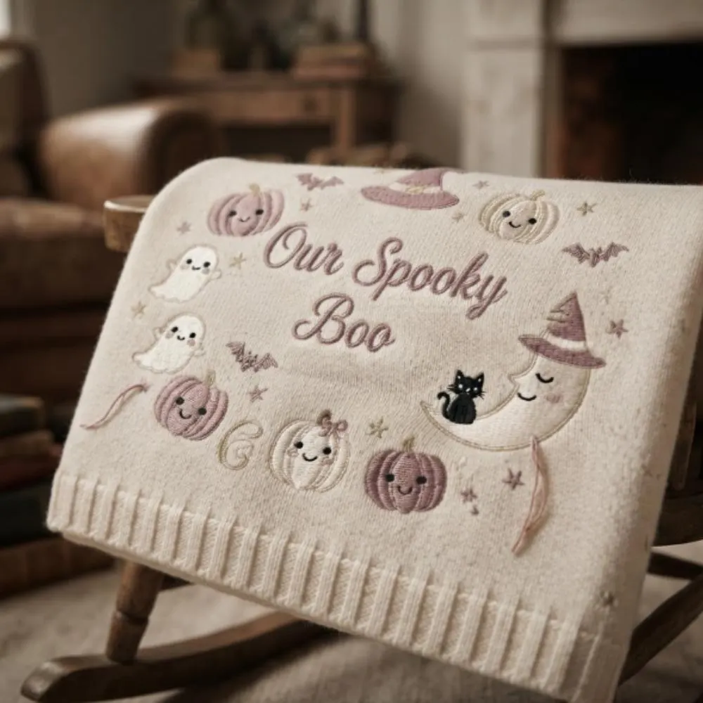 Personalized Halloween Baby Blanket, Custom Embroidered "Our Spooky Boo" Name Gift, Spooky Cute Ghost and Mauve Pumpkin Decor YB1603 - Media 3