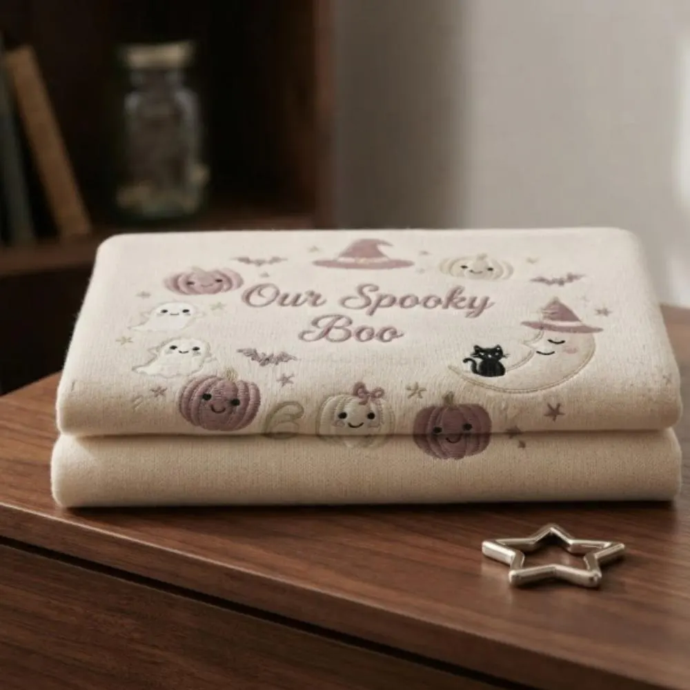 Personalized Halloween Baby Blanket, Custom Embroidered "Our Spooky Boo" Name Gift, Spooky Cute Ghost and Mauve Pumpkin Decor YB1603 - Media 4