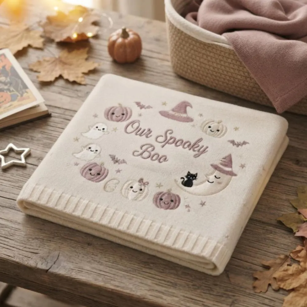 Personalized Halloween Baby Blanket, Custom Embroidered "Our Spooky Boo" Name Gift, Spooky Cute Ghost and Mauve Pumpkin Decor YB1603 - Media 5