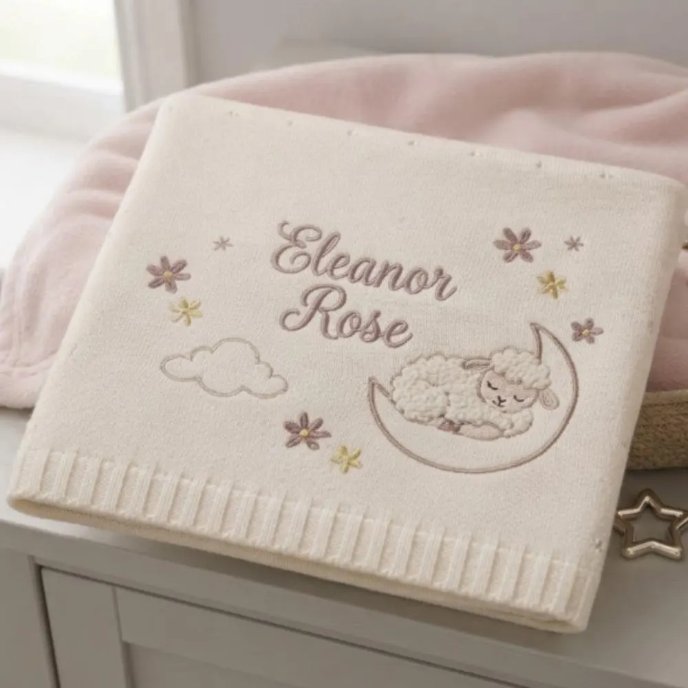 Personalized Embroidered Baby Blanket with Lamb and Moon, Custom Name Gift for Newborn Girl, Luxury Heirloom Knitted Blanket YB1603