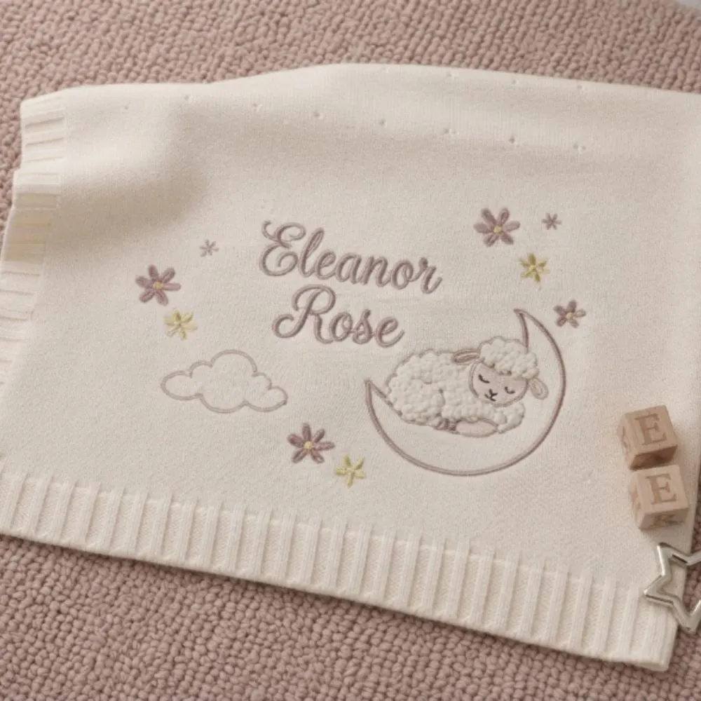 Personalized Embroidered Baby Blanket with Lamb and Moon, Custom Name Gift for Newborn Girl, Luxury Heirloom Knitted Blanket YB1603 - Media 2