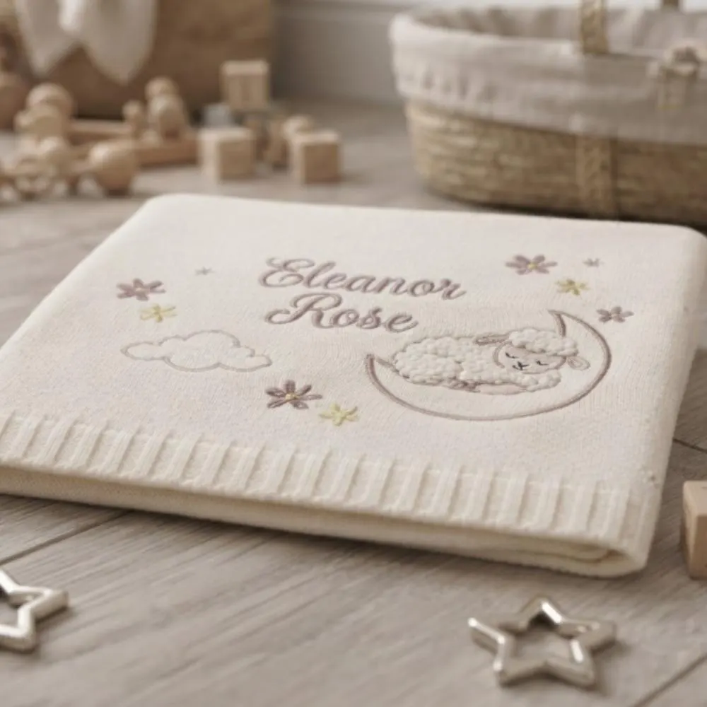 Personalized Embroidered Baby Blanket with Lamb and Moon, Custom Name Gift for Newborn Girl, Luxury Heirloom Knitted Blanket YB1603 - Media 3