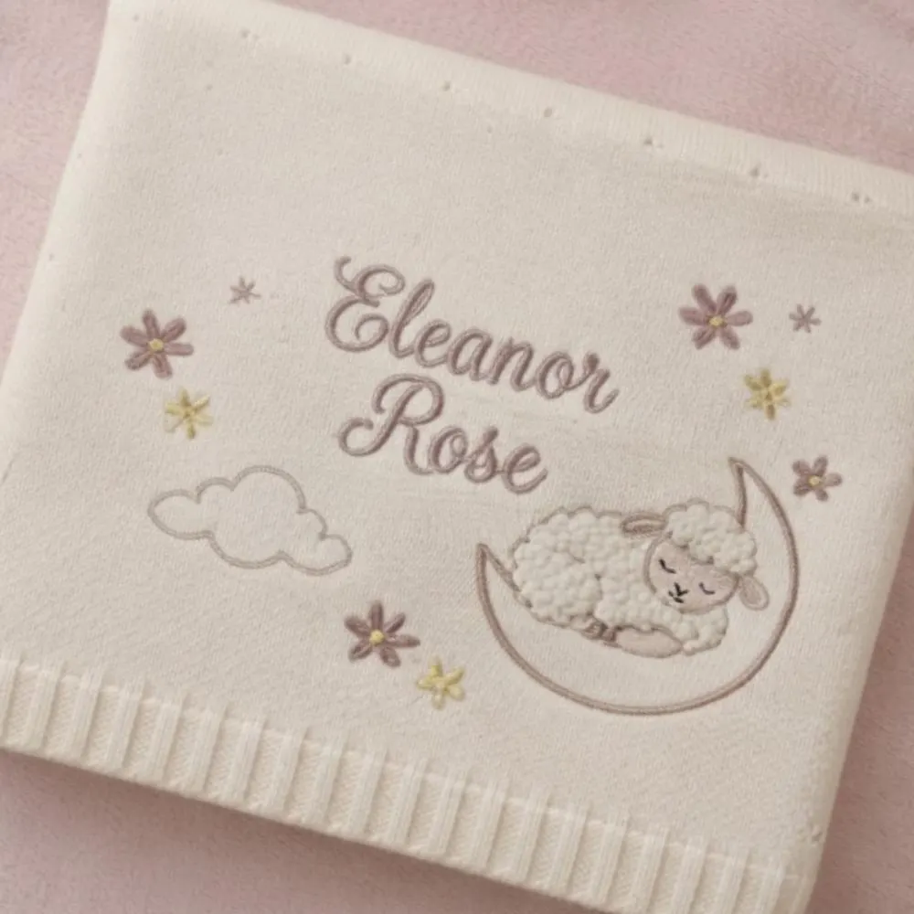 Personalized Embroidered Baby Blanket with Lamb and Moon, Custom Name Gift for Newborn Girl, Luxury Heirloom Knitted Blanket YB1603 - Media 4
