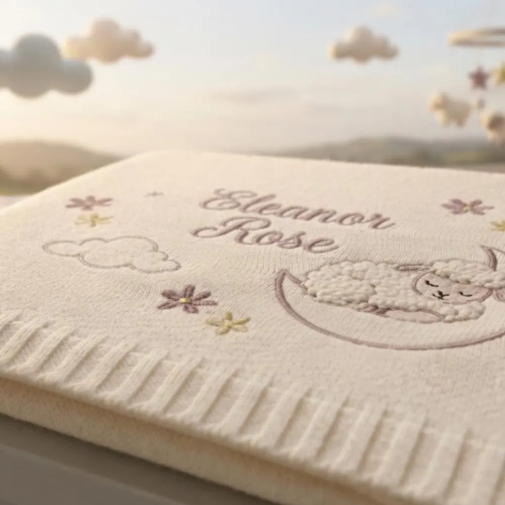 Personalized Embroidered Baby Blanket with Lamb and Moon, Custom Name Gift for Newborn Girl, Luxury Heirloom Knitted Blanket YB1603 - Media 5