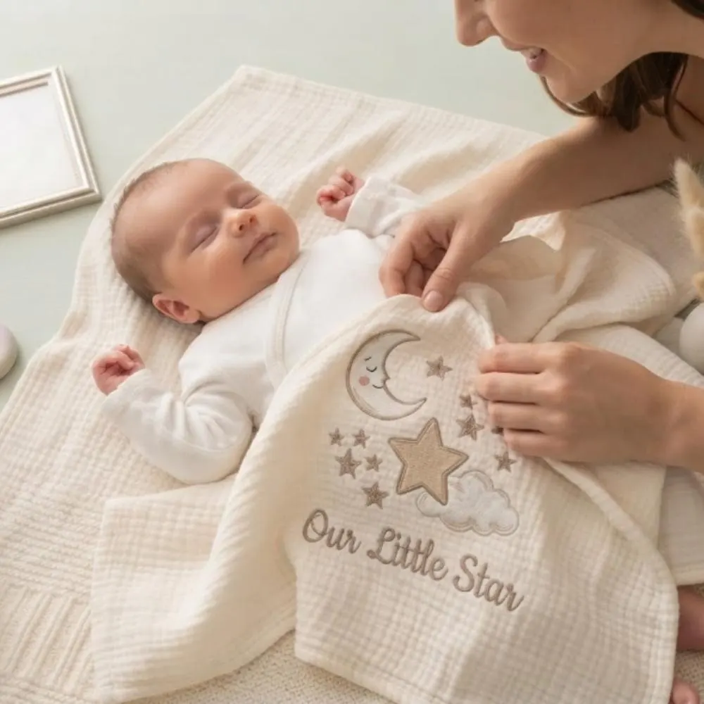 Personalized Embroidered Baby Blanket, Custom Name Moon and Stars Newborn Gift, Our Little Star Neutral Nursery Decor YB1603