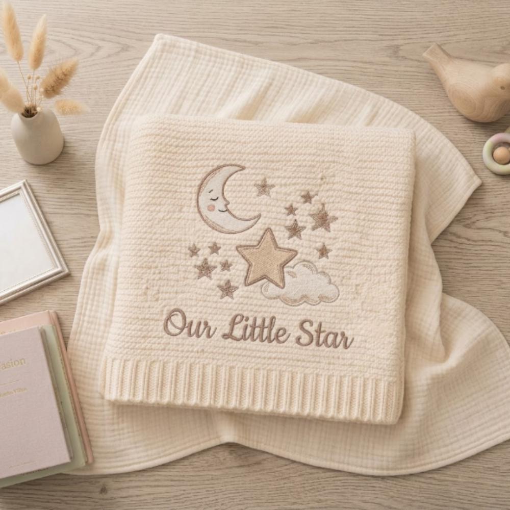 Personalized Embroidered Baby Blanket, Custom Name Moon and Stars Newborn Gift, Our Little Star Neutral Nursery Decor YB1603 - Media 2