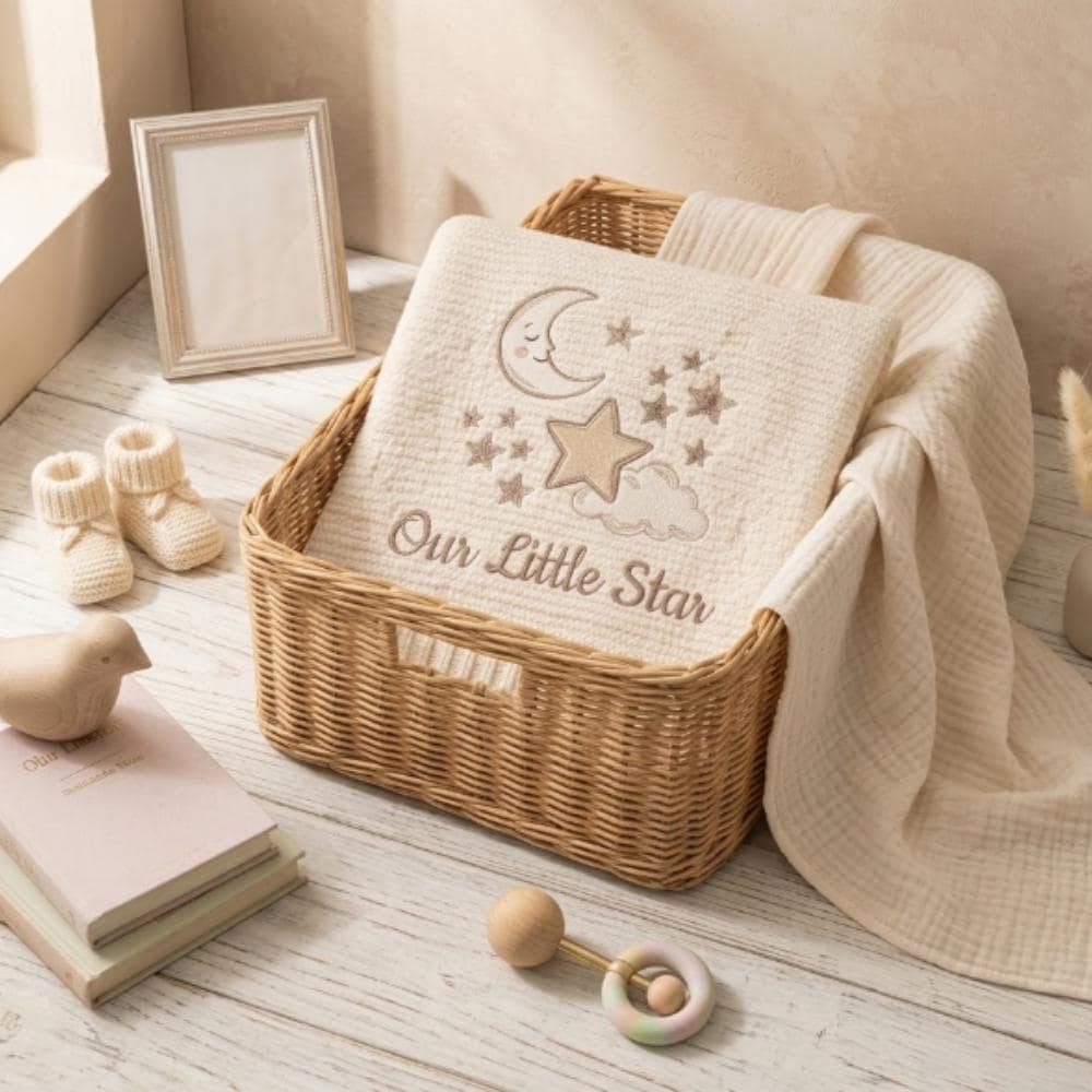 Personalized Embroidered Baby Blanket, Custom Name Moon and Stars Newborn Gift, Our Little Star Neutral Nursery Decor YB1603 - Media 3