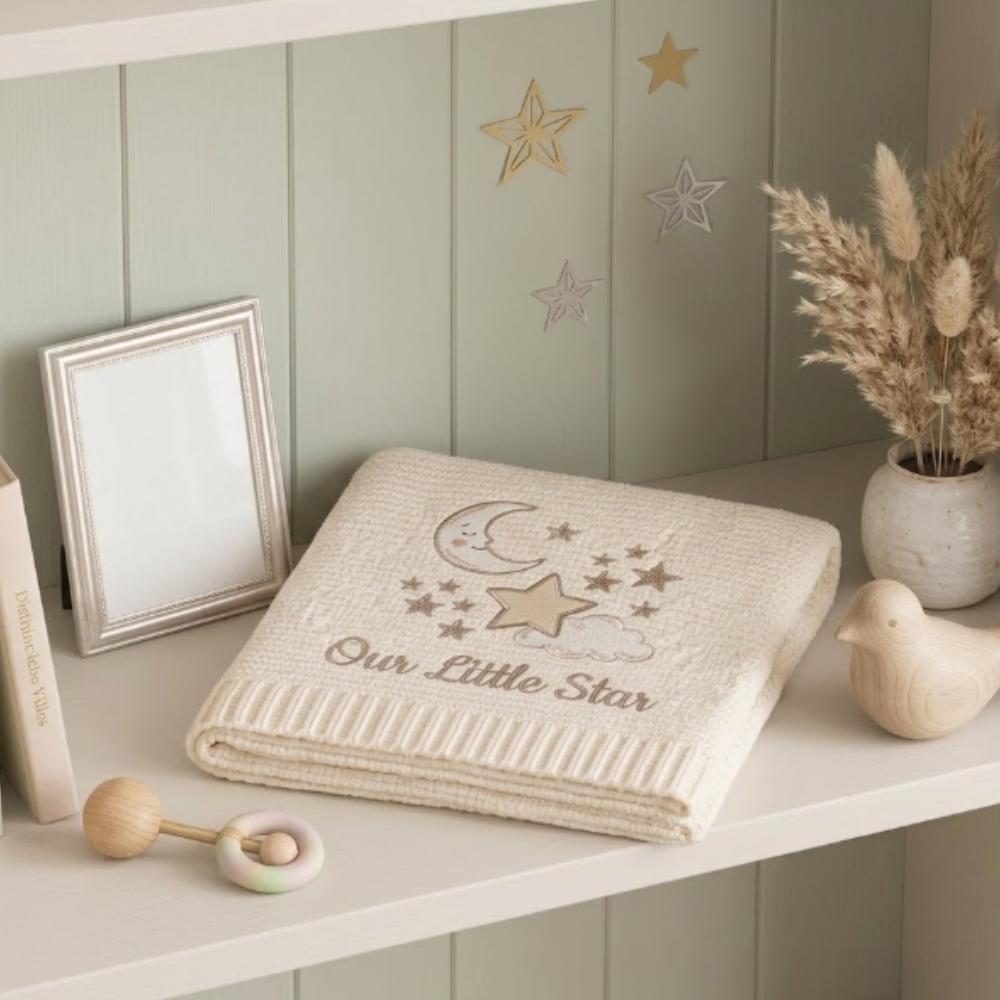 Personalized Embroidered Baby Blanket, Custom Name Moon and Stars Newborn Gift, Our Little Star Neutral Nursery Decor YB1603 - Media 4