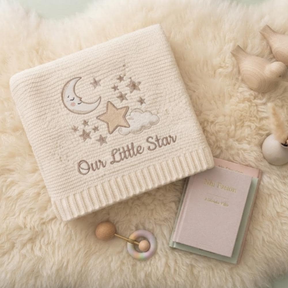Personalized Embroidered Baby Blanket, Custom Name Moon and Stars Newborn Gift, Our Little Star Neutral Nursery Decor YB1603 - Media 5