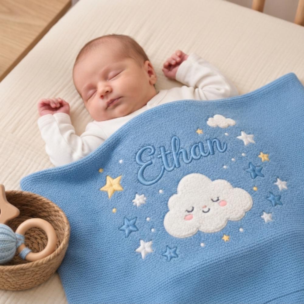 Personalized Baby Blanket with Name, Custom Embroidered Knitted Blanket for Newborn Boy, Cloud and Stars Nursery Decor  YB1603