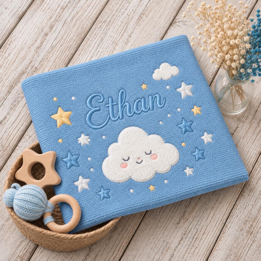 Personalized Baby Blanket with Name, Custom Embroidered Knitted Blanket for Newborn Boy, Cloud and Stars Nursery Decor  YB1603 - Media 2