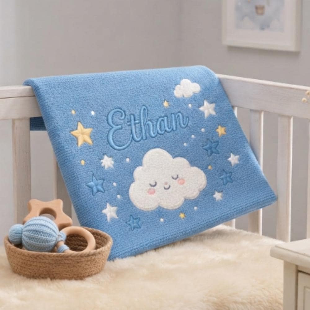 Personalized Baby Blanket with Name, Custom Embroidered Knitted Blanket for Newborn Boy, Cloud and Stars Nursery Decor  YB1603 - Media 3