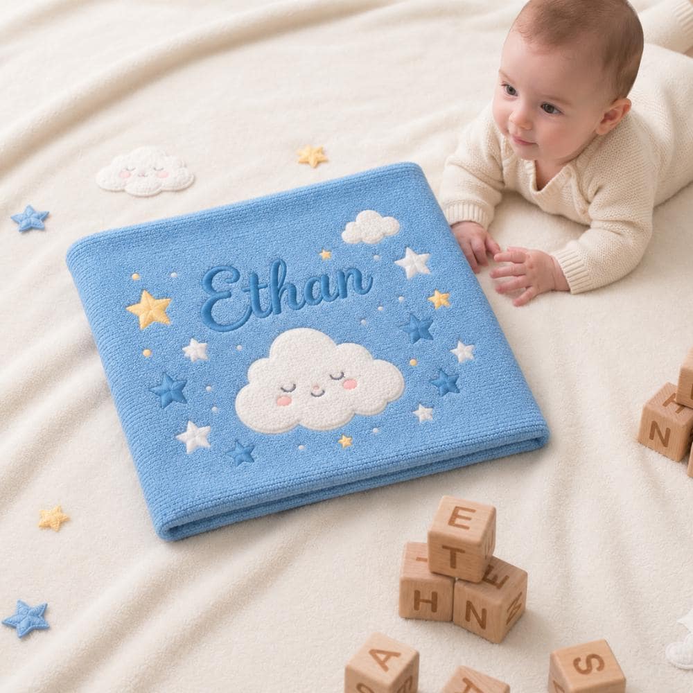 Personalized Baby Blanket with Name, Custom Embroidered Knitted Blanket for Newborn Boy, Cloud and Stars Nursery Decor  YB1603 - Media 4