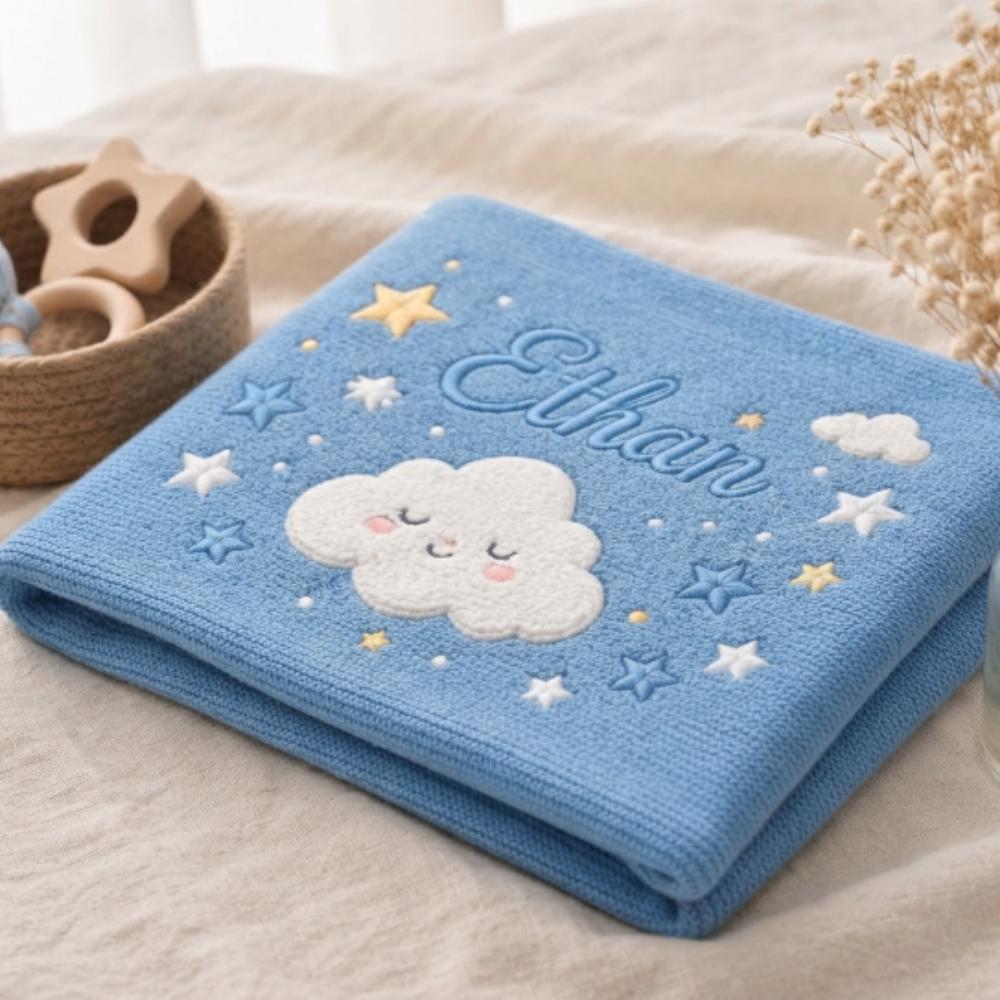 Personalized Baby Blanket with Name, Custom Embroidered Knitted Blanket for Newborn Boy, Cloud and Stars Nursery Decor  YB1603 - Media 5