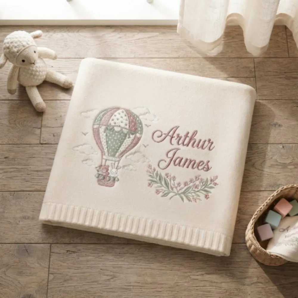 Personalized Baby Blanket Embroidered, Hot Air Balloon Nursery Decor, Custom Name Blanket, Heirloom Quality Baby Shower Gift YB1603