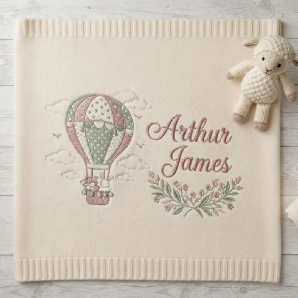 Personalized Baby Blanket Embroidered, Hot Air Balloon Nursery Decor, Custom Name Blanket, Heirloom Quality Baby Shower Gift YB1603 - Media 2