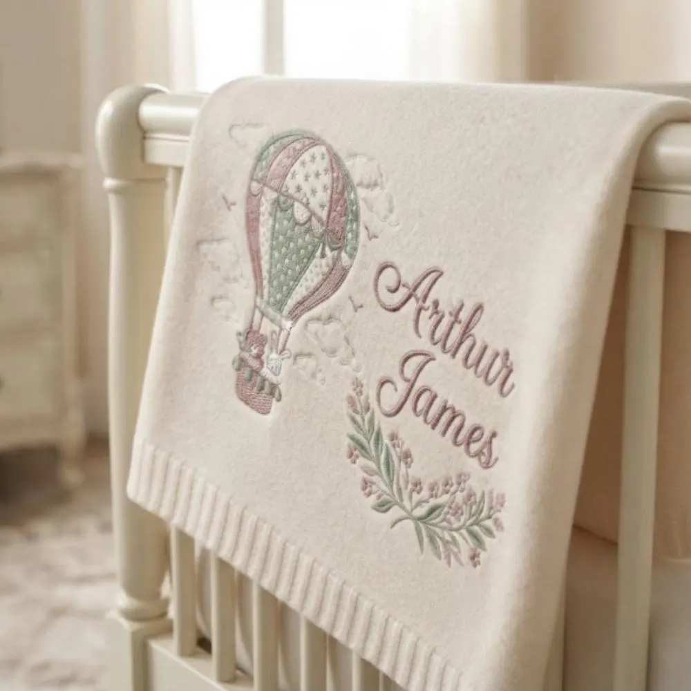 Personalized Baby Blanket Embroidered, Hot Air Balloon Nursery Decor, Custom Name Blanket, Heirloom Quality Baby Shower Gift YB1603 - Media 4
