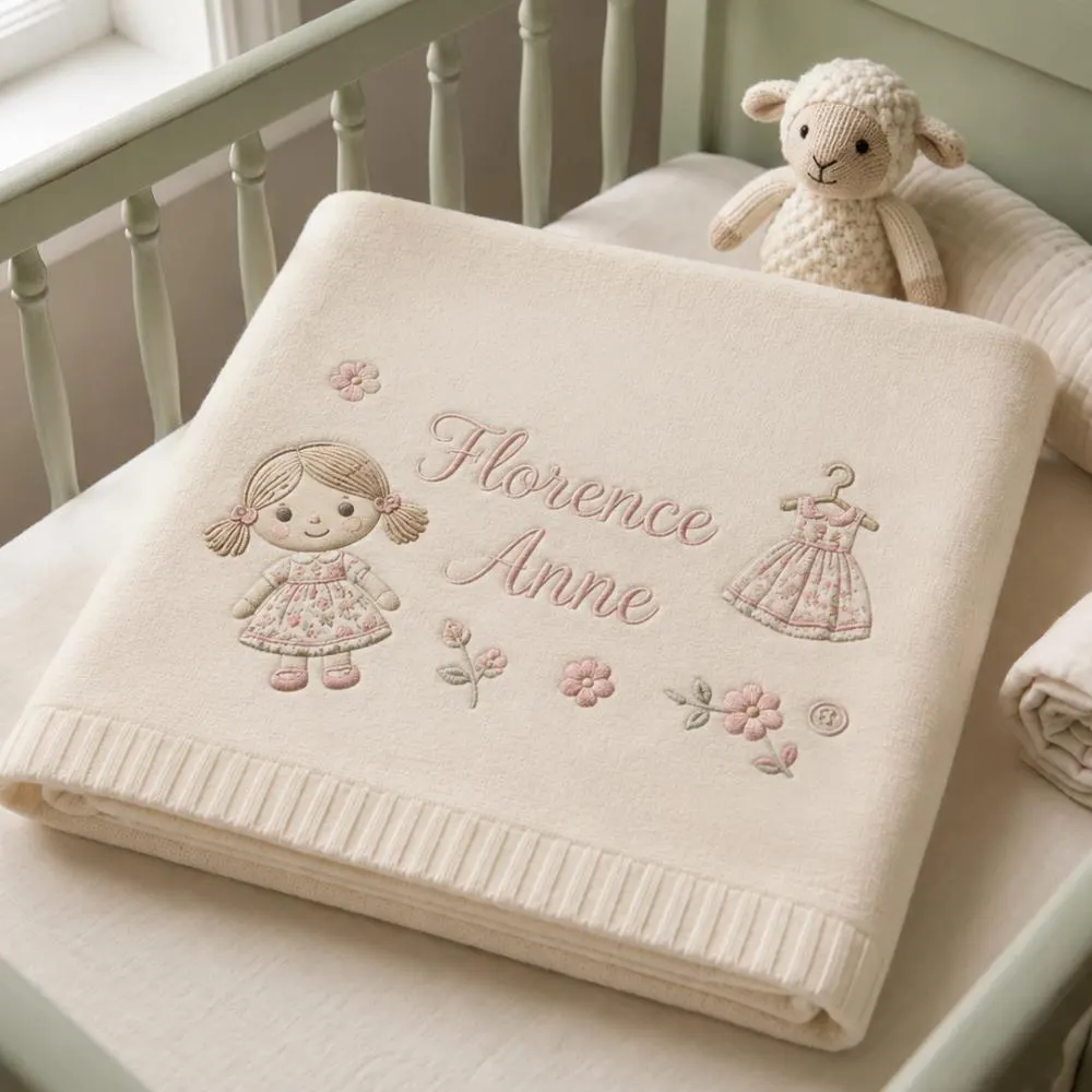 Personalized Baby Blanket for Girl, Custom Name Embroidered Blanket, Vintage Doll & Floral Dress, Heirloom Newborn Gift YB1603