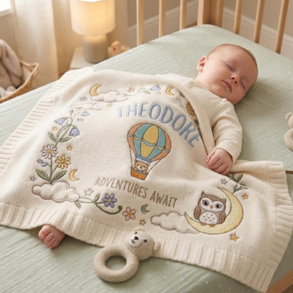 Personalized Baby Blanket Adventure Awaits, Custom Name Embroidered Blanket, Hot Air Balloon Bear Owl Nursery Gift, Newborn Keepsake YB1603