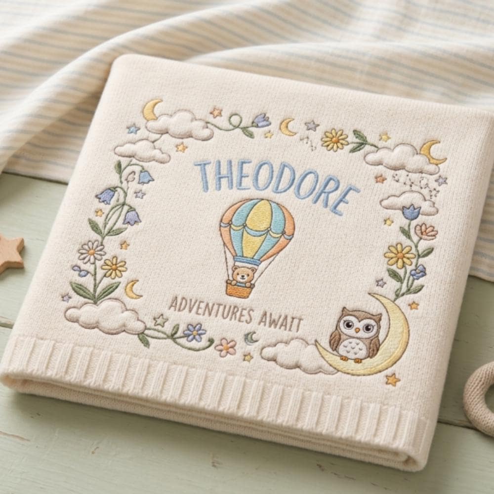 Personalized Baby Blanket Adventure Awaits, Custom Name Embroidered Blanket, Hot Air Balloon Bear Owl Nursery Gift, Newborn Keepsake YB1603 - Media 2
