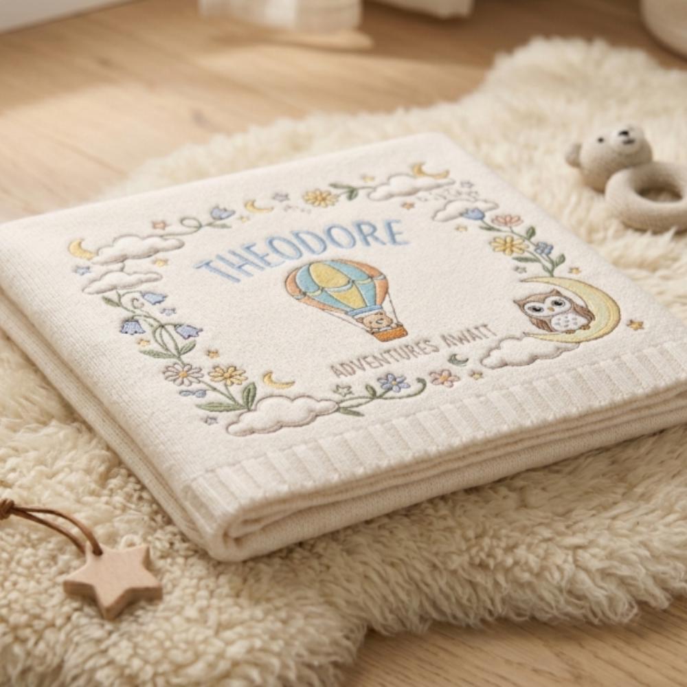 Personalized Baby Blanket Adventure Awaits, Custom Name Embroidered Blanket, Hot Air Balloon Bear Owl Nursery Gift, Newborn Keepsake YB1603 - Media 3