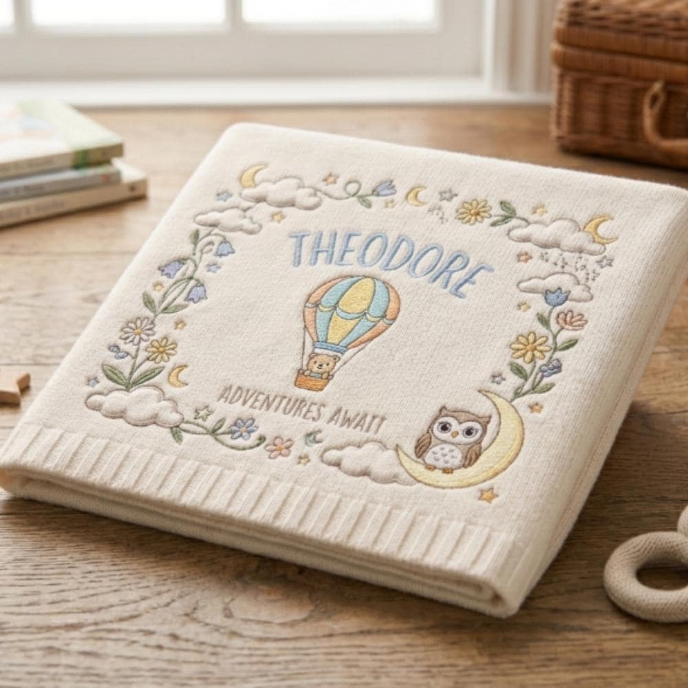 Personalized Baby Blanket Adventure Awaits, Custom Name Embroidered Blanket, Hot Air Balloon Bear Owl Nursery Gift, Newborn Keepsake YB1603 - Media 4