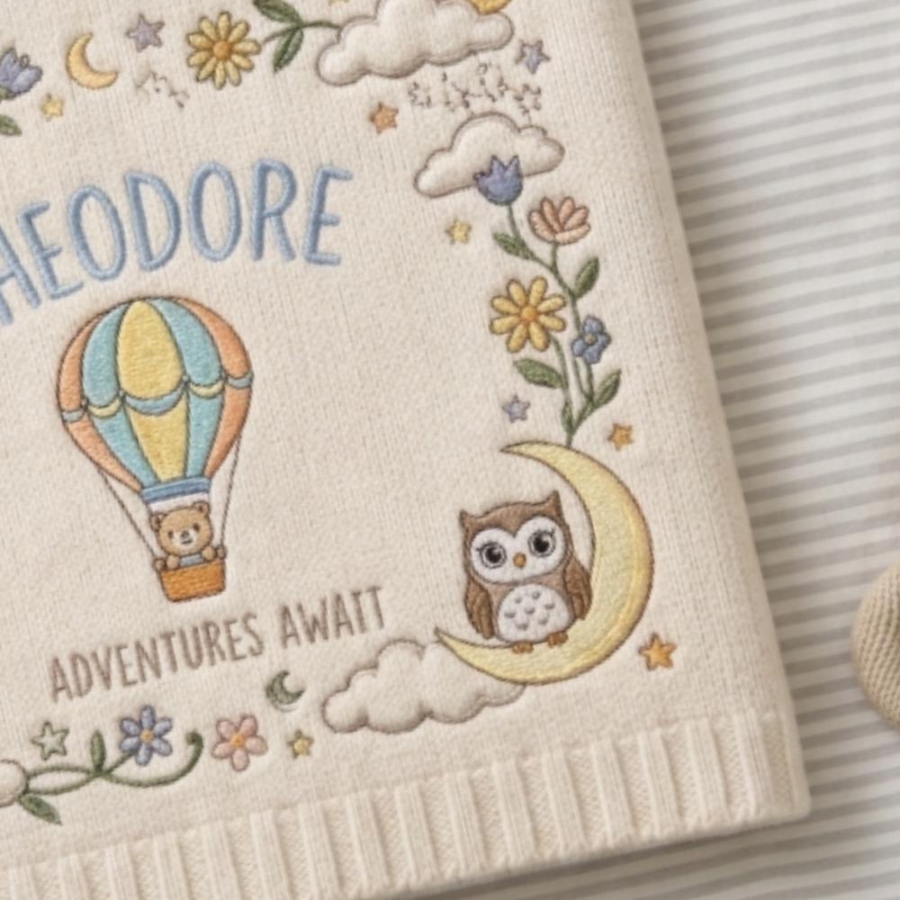 Personalized Baby Blanket Adventure Awaits, Custom Name Embroidered Blanket, Hot Air Balloon Bear Owl Nursery Gift, Newborn Keepsake YB1603 - Media 5