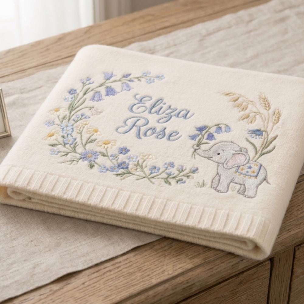 Personalized Baby Blanket with Elephant and Bluebells, Custom Name Embroidered Newborn Gift, Floral Wreath Baby Girl Blanket YB1603