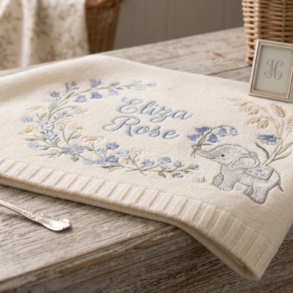 Personalized Baby Blanket with Elephant and Bluebells, Custom Name Embroidered Newborn Gift, Floral Wreath Baby Girl Blanket YB1603 - Media 2