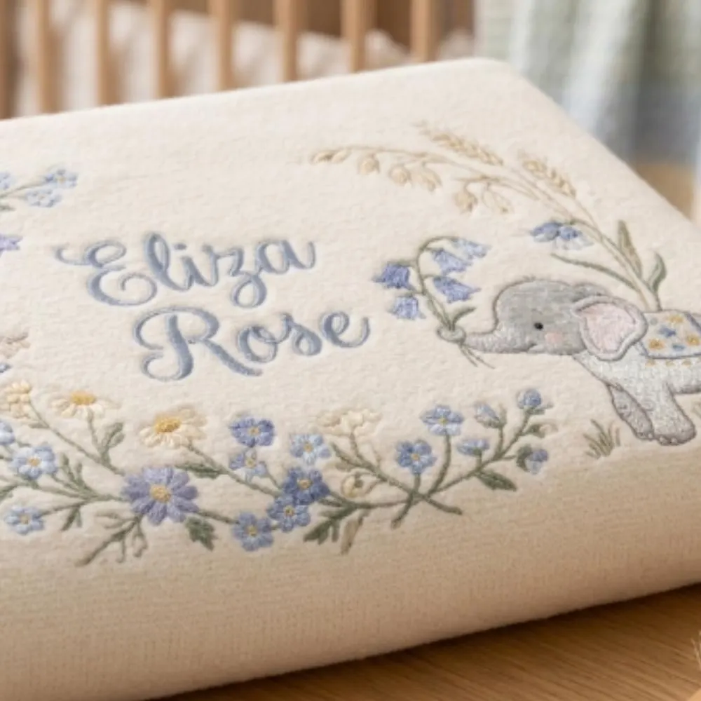 Personalized Baby Blanket with Elephant and Bluebells, Custom Name Embroidered Newborn Gift, Floral Wreath Baby Girl Blanket YB1603 - Media 3