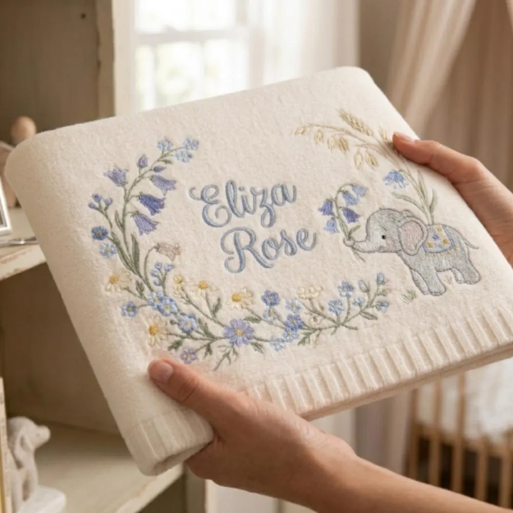 Personalized Baby Blanket with Elephant and Bluebells, Custom Name Embroidered Newborn Gift, Floral Wreath Baby Girl Blanket YB1603 - Media 4