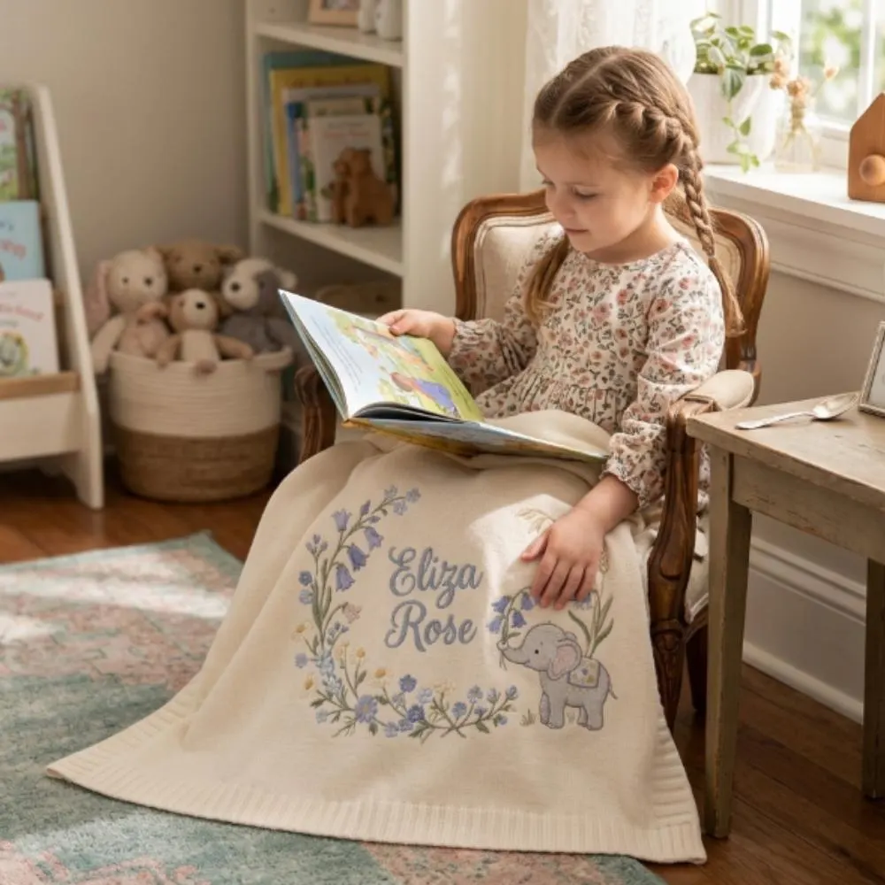 Personalized Baby Blanket with Elephant and Bluebells, Custom Name Embroidered Newborn Gift, Floral Wreath Baby Girl Blanket YB1603 - Media 5