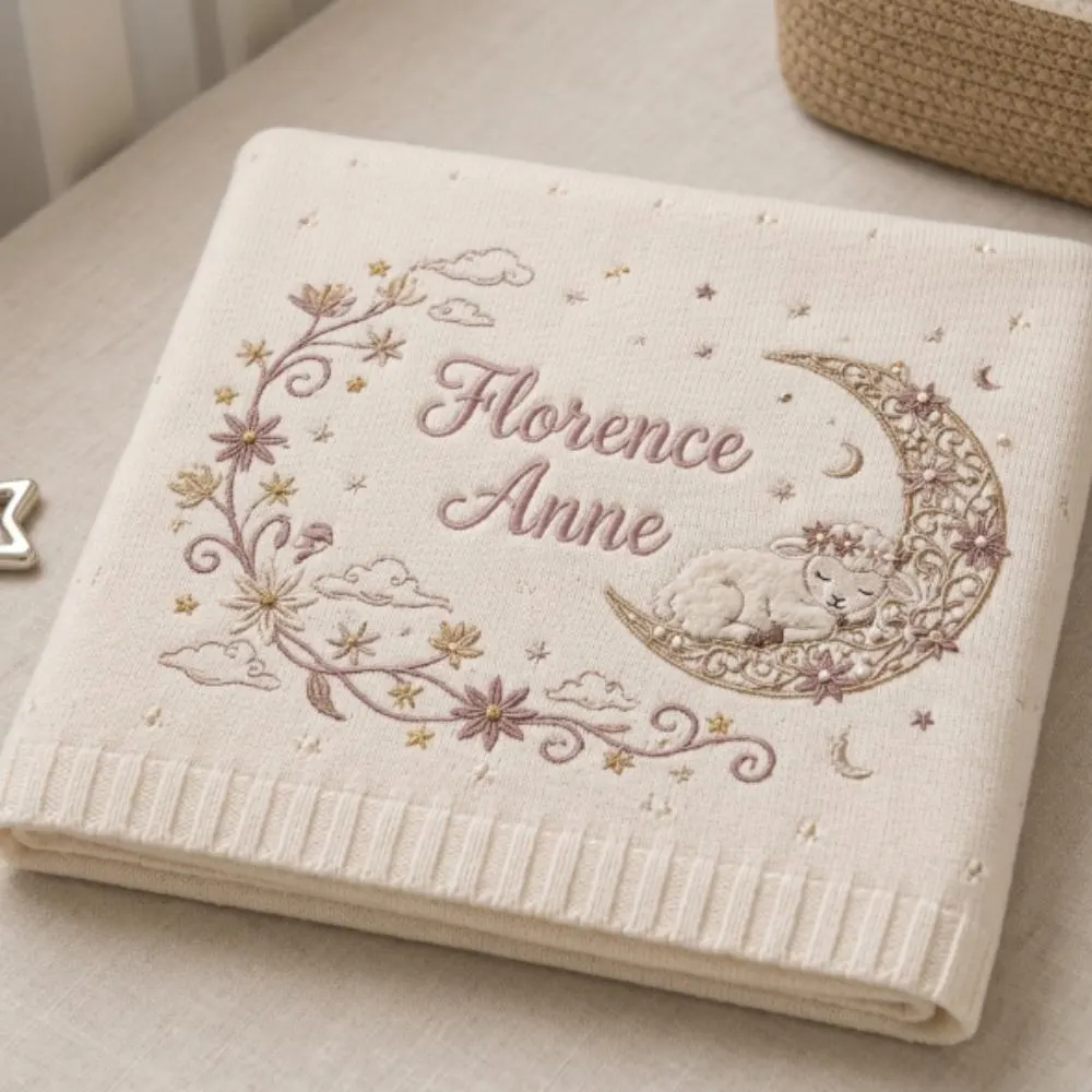 Personalized Embroidered Baby Blanket, Custom Name Newborn Gift, Knitted Floral Moon and Lamb Blanket, Baby Shower Gift YB1603