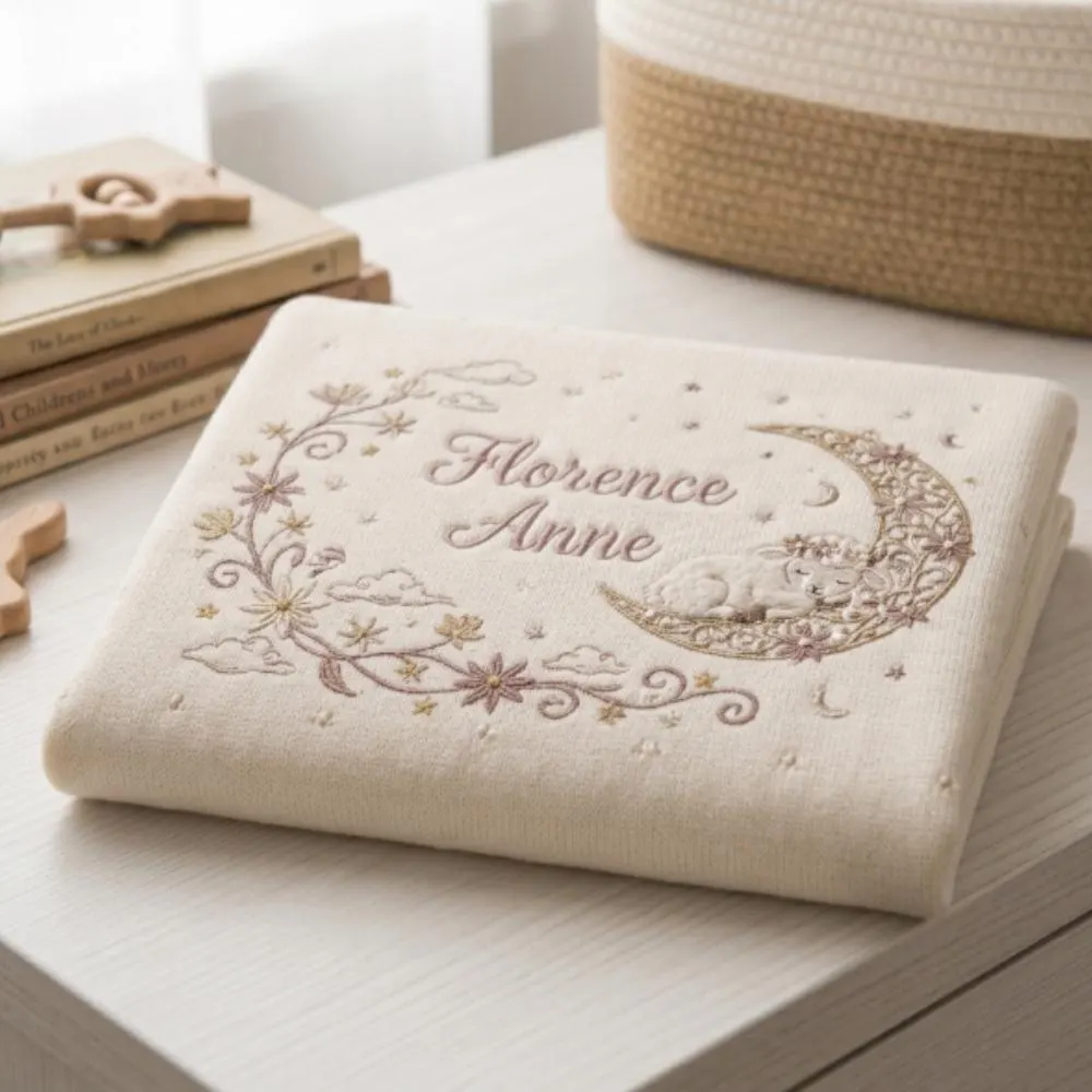 Personalized Embroidered Baby Blanket, Custom Name Newborn Gift, Knitted Floral Moon and Lamb Blanket, Baby Shower Gift YB1603 - Media 2