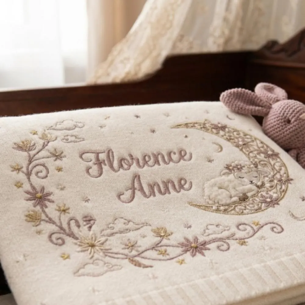 Personalized Embroidered Baby Blanket, Custom Name Newborn Gift, Knitted Floral Moon and Lamb Blanket, Baby Shower Gift YB1603 - Media 4