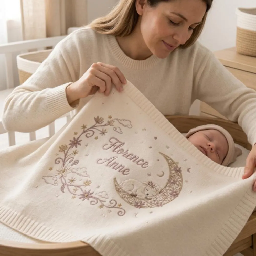 Personalized Embroidered Baby Blanket, Custom Name Newborn Gift, Knitted Floral Moon and Lamb Blanket, Baby Shower Gift YB1603 - Media 5