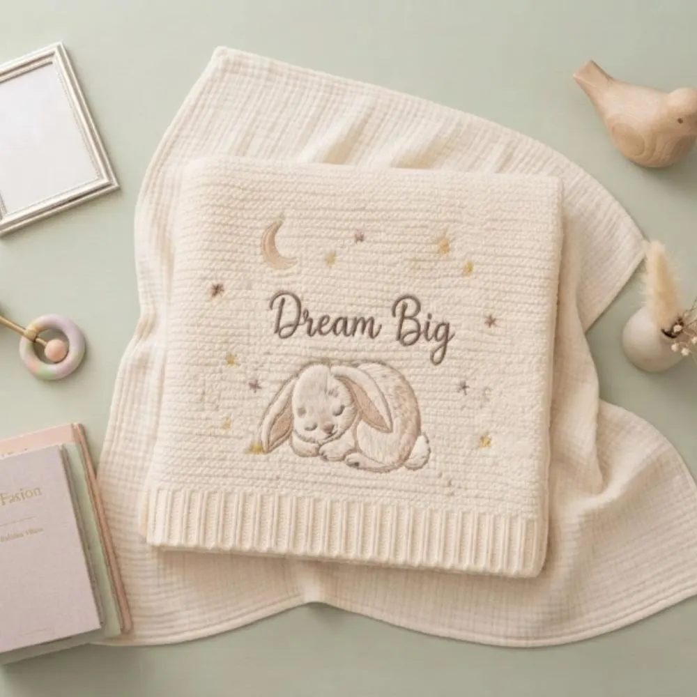Personalized Baby Blanket with Name, Custom Embroidered Dream Big Bunny Blanket, Moon and Stars Newborn Gift, Boho Baby Keepsake YB1603