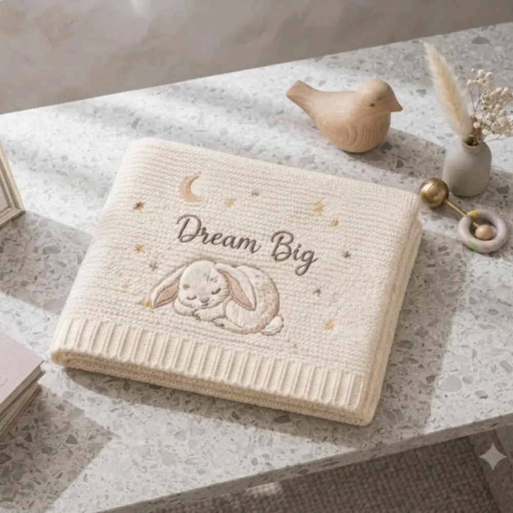 Personalized Baby Blanket with Name, Custom Embroidered Dream Big Bunny Blanket, Moon and Stars Newborn Gift, Boho Baby Keepsake YB1603 - Media 3