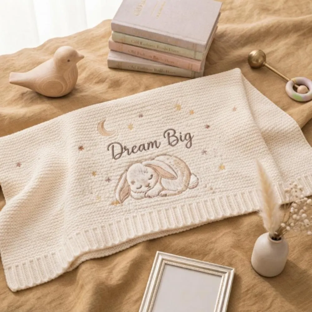 Personalized Baby Blanket with Name, Custom Embroidered Dream Big Bunny Blanket, Moon and Stars Newborn Gift, Boho Baby Keepsake YB1603 - Media 4